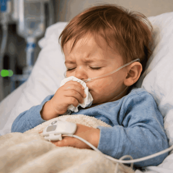 A sick toddler laying in a hospital bed.
