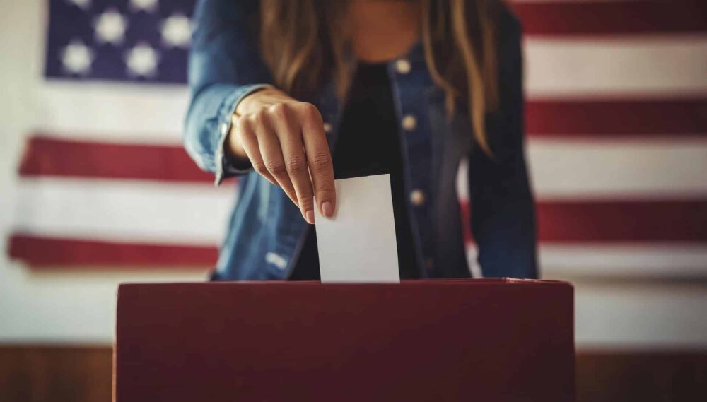 A lady dropping a ballot in the ballot box.