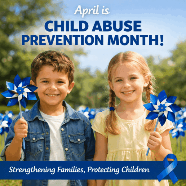 Children smiling with blue pin wheels supporting April, Child Abuse Prevention Month.